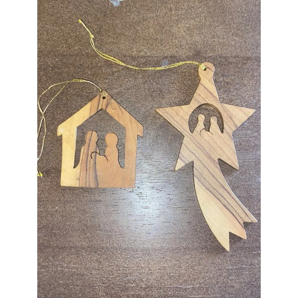 Set of 2 Olive Wood Shooting Star Bethlehem Nativity Scene Christmas Ornament